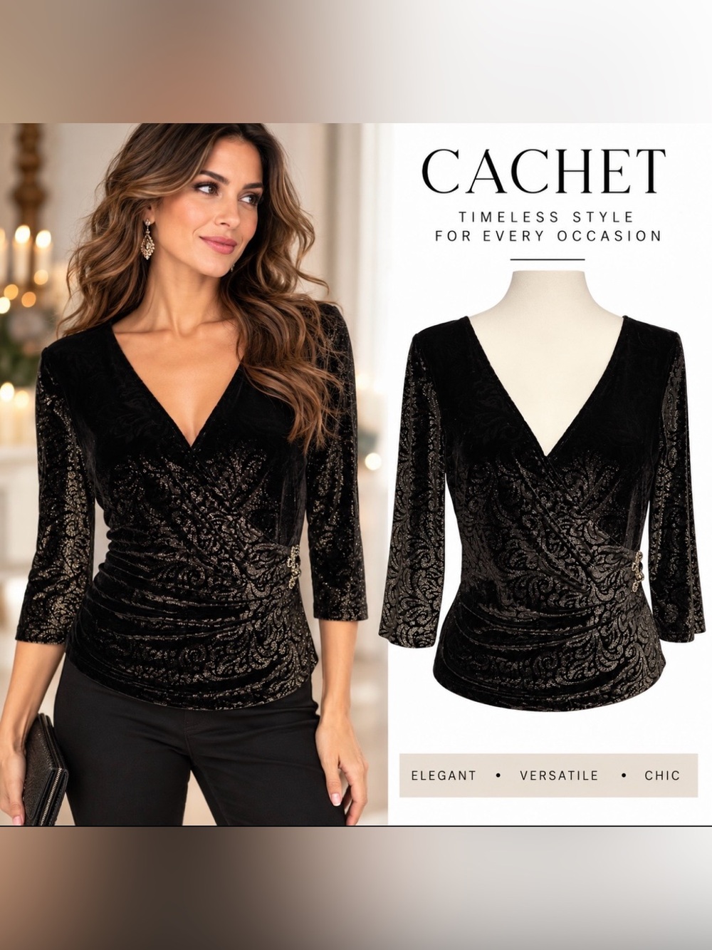 Cachet Black Velvet Burnout Top Metallic Paisley Wrap Ruched Y2K Party Large